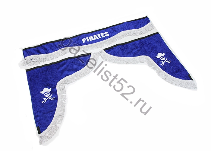 Ламбрекен лобовой 1.8м. бархат с надписью PIRATES + боковые с рисунком (синий + белая бахрома)