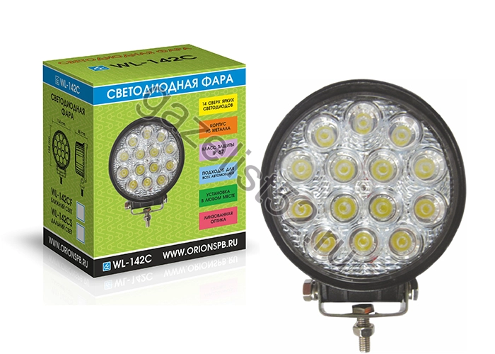 Фара светодиодная 14 LED (дальний свет) 42W, круглая, метал. корпус «WL-142-CS»