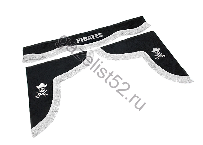Ламбрекен лобовой 1.8м. бархат с надписью PIRATES + боковые с рисунком (черный + белая бахрома)