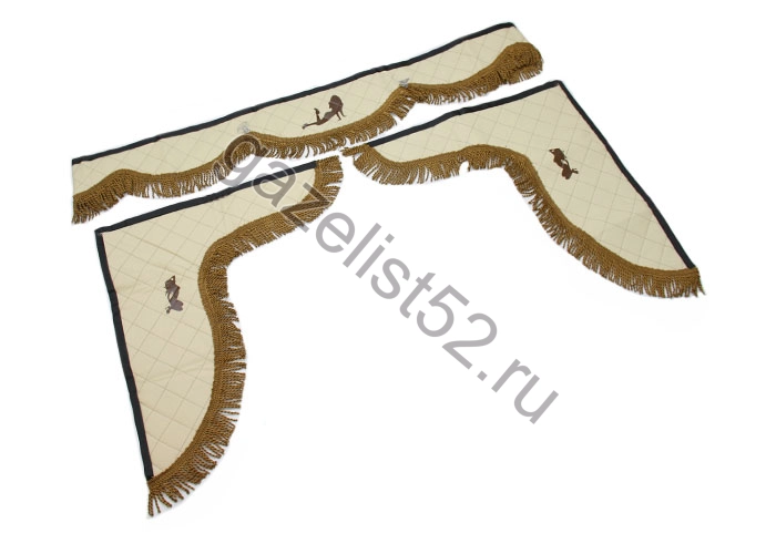 Ламбрекен лобовой 1.5м. экокожа с рисунком Девушка + боковые c рисунком (бежевый + коричневая бахрома)